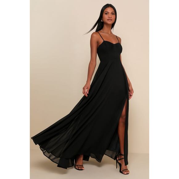 NWT Lulus Cause for Commotion Black Pleated Bustier Maxi Dress Bridesmaid Size L - Picture 1 of 8